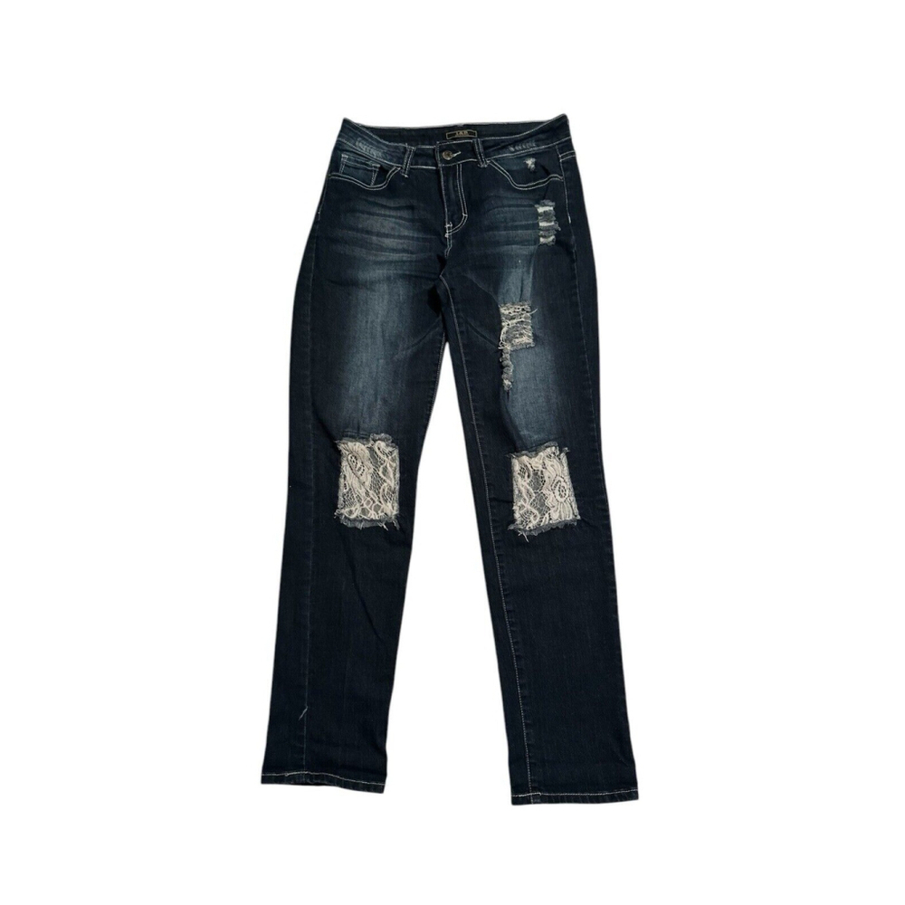 L&B Lucky & Blessed Denim Jeans Womens 8 Manufactured Distressed W/ Holes & Lace